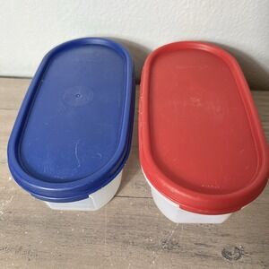 Vtg Tupperware Mini Oval Containers Set of 2 Blue Red Lids 2 Cup 500ml USA